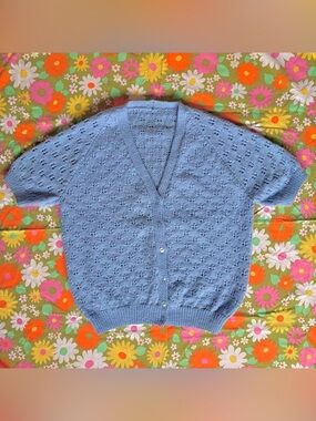 Vintage Hand Knit Short Sleeve V-Neck Pastel Cardigan